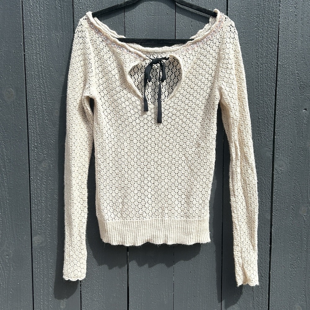 Free People Y2k Pointelle Tie Back Sweater S Coquette Sheer Beaded Sequin Knit